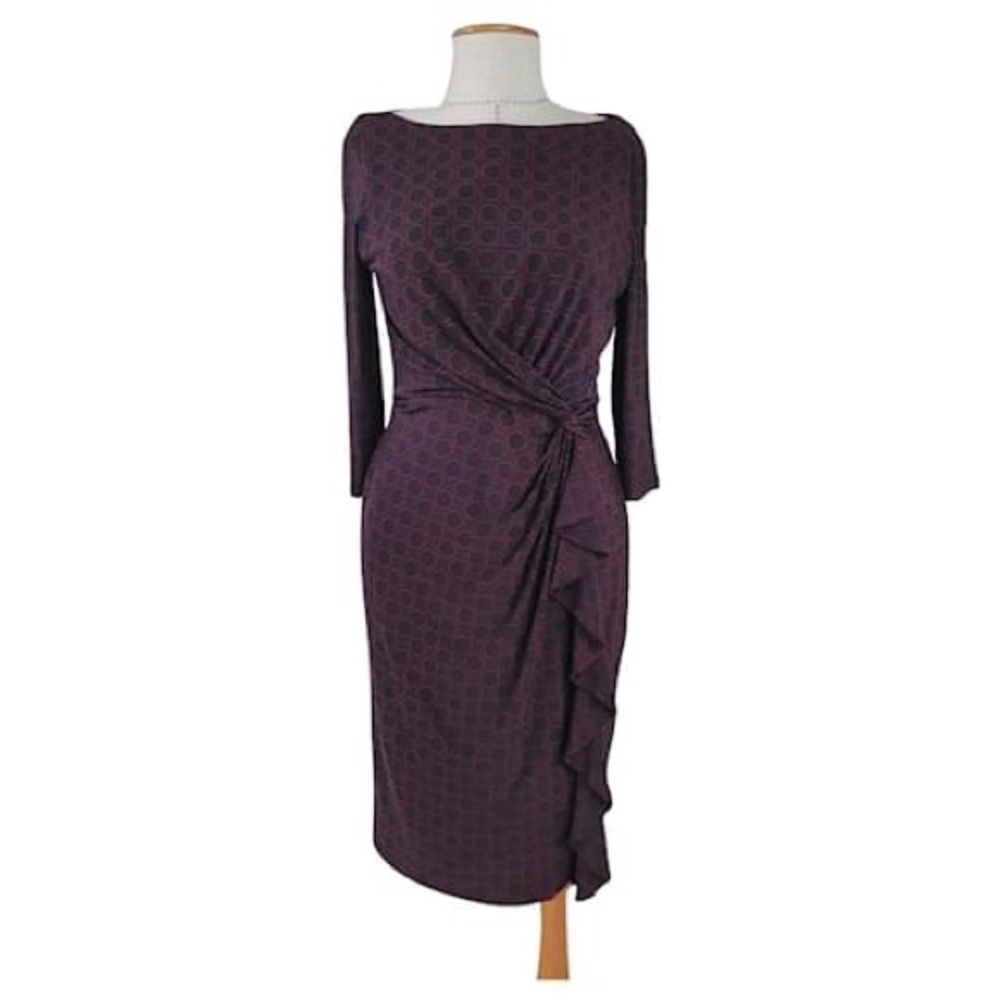 Lauren Ralph Lauren Burgundy Geometric Ruched Drapy 3/4 Sleeves Sheath Dress 16